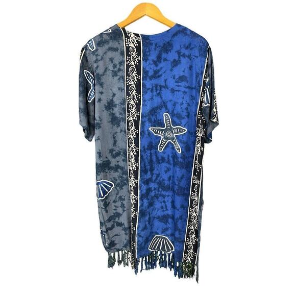 Rain Resort Wear Beach Cover-Up Size Medium Blue + Black with Fringe - Picture 4 of 10